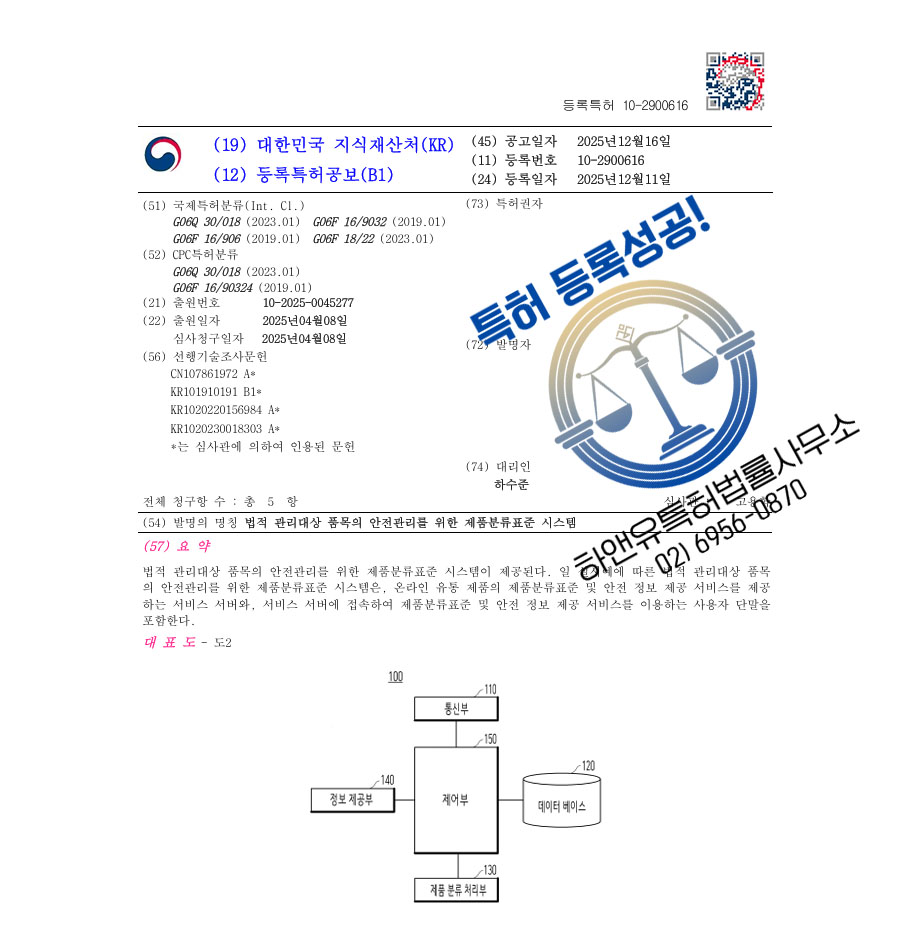 하앤유 특허 등록 성공사례 II ”법적 관리대상 품목의 안전관리를 위한 제품분류표준 시스템” 특허권 등록 전자상거래, 분류자동화, 정품인증 특허 출원 등록증 썸네일