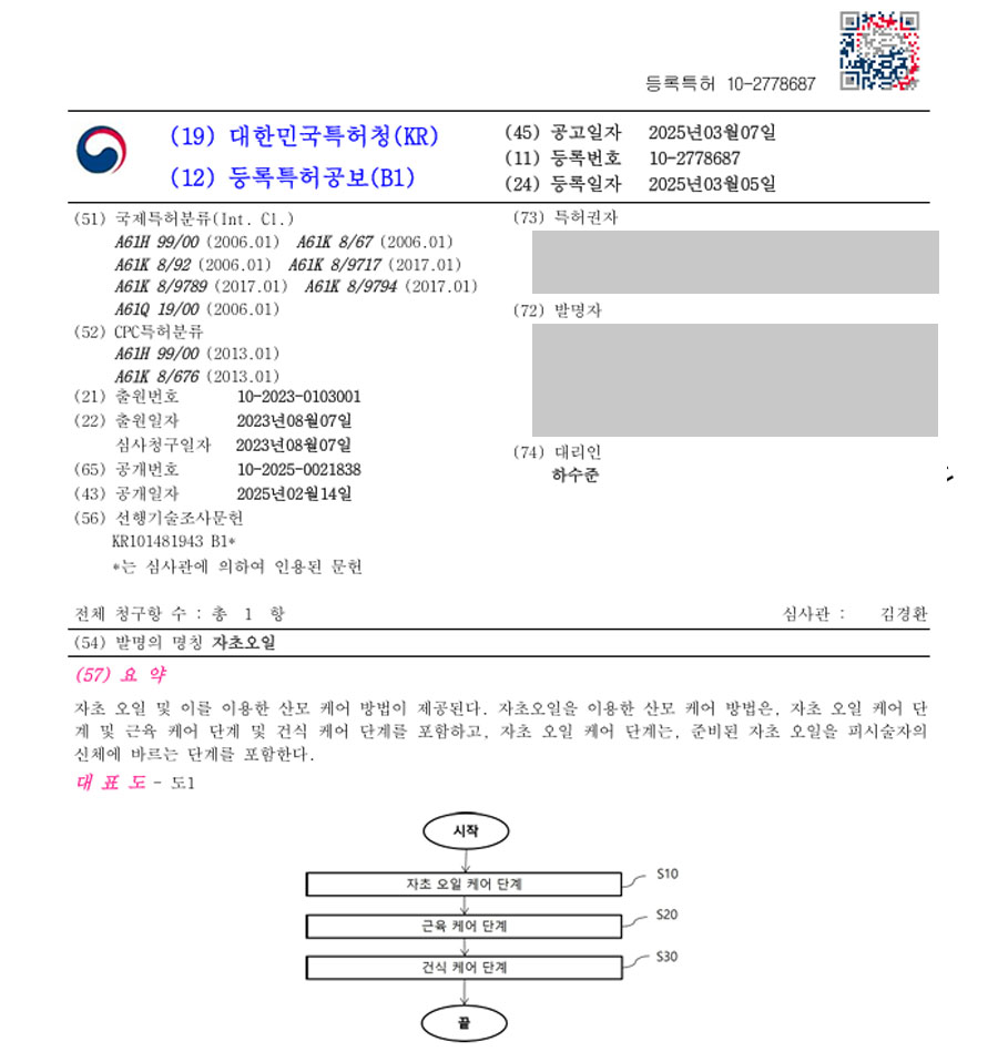 하앤유 특허 등록 성공사례 II ”자초오일 및 이를 이용한 산모 케어 방법” 특허권 등록 아로마, 테라피, 케어, 화장, 피부 특허 출원 등록증 썸네일