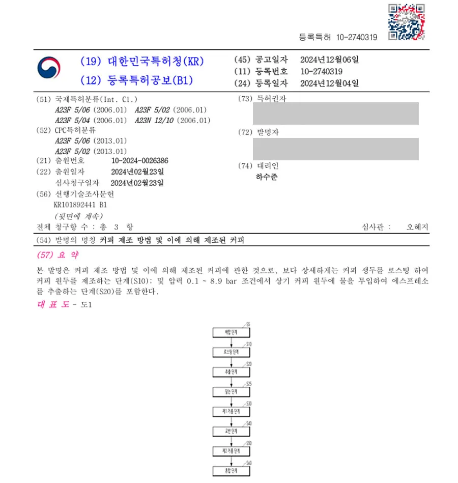 하앤유 특허 등록 성공사례 II ”커피 제조 방법 및 이에 의해 제조된 커피” 특허권 등록 레시피, 음료, 머신, 캡슐, 추출 특허 출원 등록증 썸네일