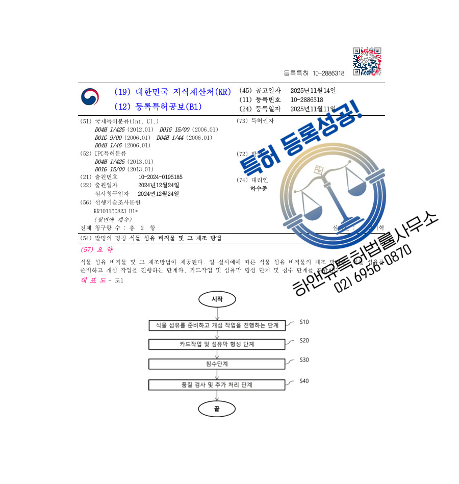 하앤유 특허 등록 성공사례 II ”식물 섬유 비직물 및 그 제조 방법” 특허권 등록 비건섬유, 천연섬유, 원단 특허 출원 등록증 썸네일