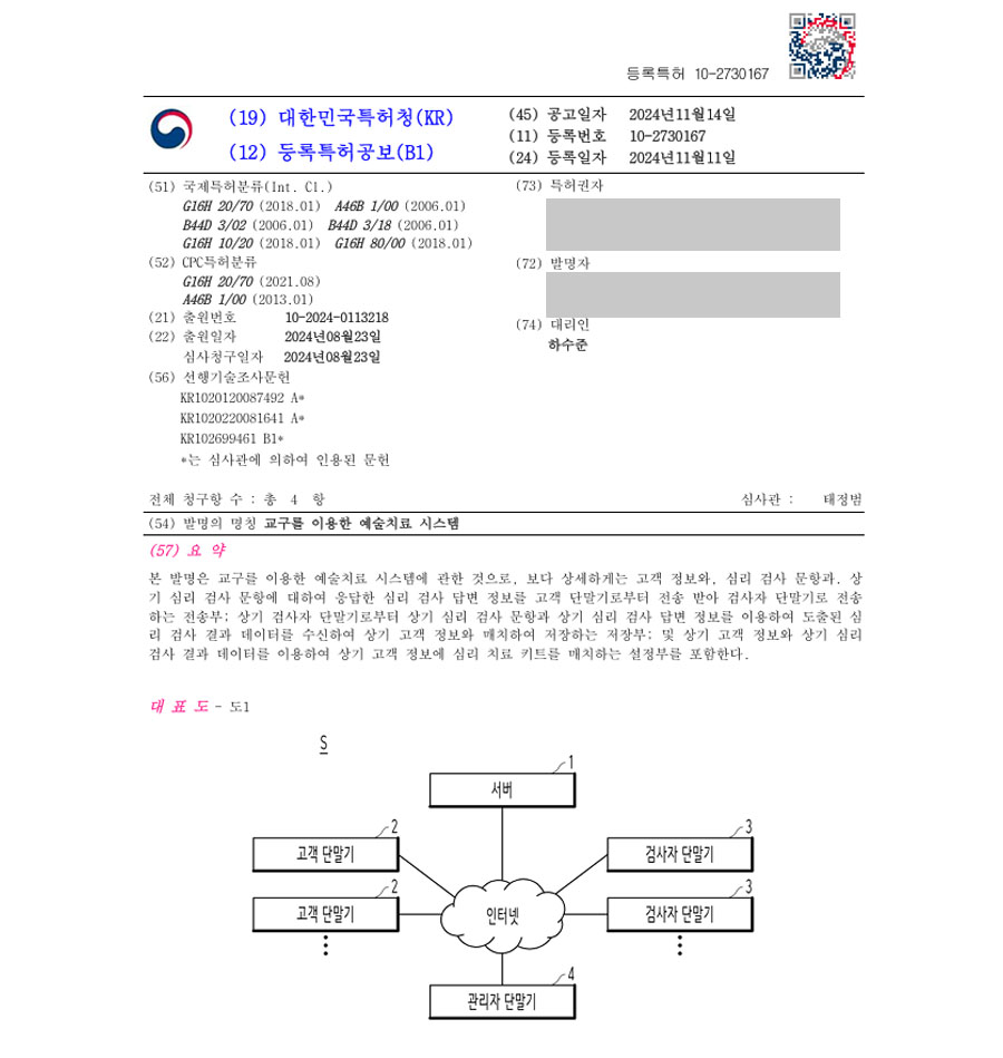 하앤유 특허 등록 성공사례 II ”교구를 이용한 예술치료 시스템” 특허권 등록 BM, 비지니스 모델, 플랫폼, 어플, 상담, 심리상담 특허 출원 등록증 썸네일