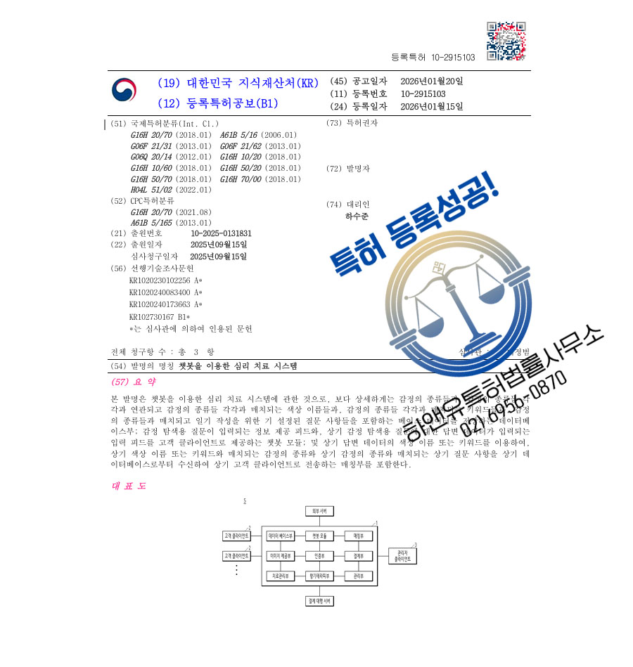 하앤유 특허 등록 성공사례 II ”챗봇을 이용한 심리 치료 시스템” 특허권 등록 원격진료, 심리상담, 디지털휴먼 특허 출원 등록증 썸네일