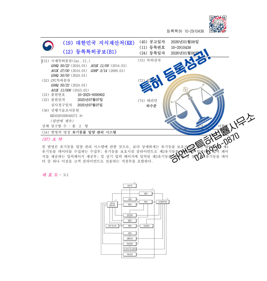 하앤유 특허 등록 성공사례 II ”유기동물 입양 관리 시스템” 특허권 등록 반려동물, 보호시설, 유전자정보 특허 출원 등록증 썸네일