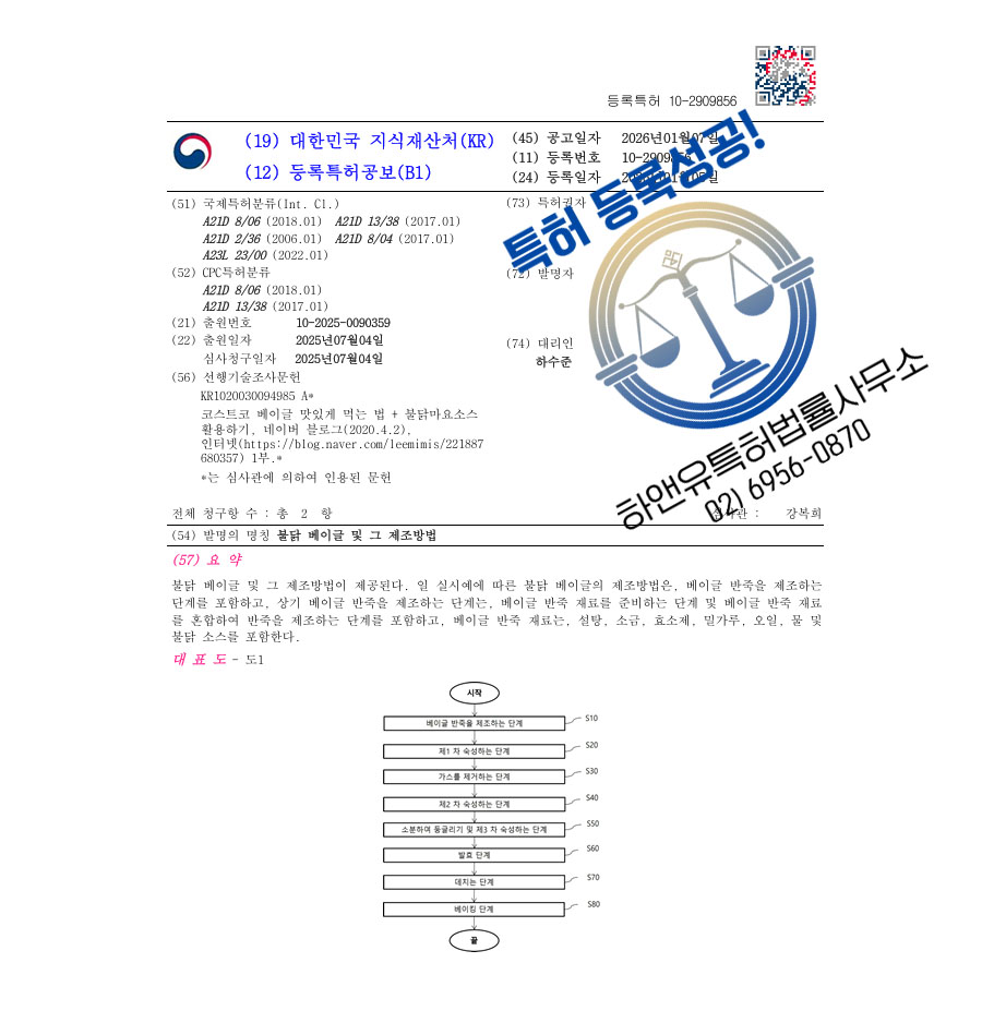 하앤유 특허 등록 성공사례 II ”불닭 베이글 및 그 제조방법” 특허권 등록 디저트, 두바이 쫀득 쿠키, 두쫀쿠, 햄버거 특허 출원 등록증 썸네일