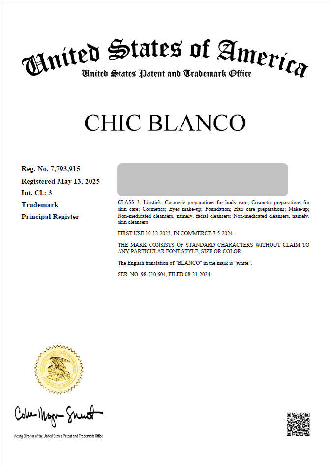 하앤유 해외등록성공! 미국 ”CHIC BLANCO” 상표권 출원 절차, 유럽, 멕시코, 이탈리아, 브라질, 인도, 심사, 방법, 상표 특허 등록 등록증 썸네일