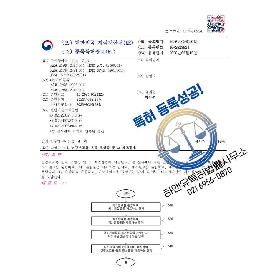 하앤유 특허 등록 성공사례 II ”건강보조용 음료 조성물 및 그 제조방법” 특허권 등록 자양강장제, 피로회복제, 에너지음료 특허 출원 등록증 썸네일