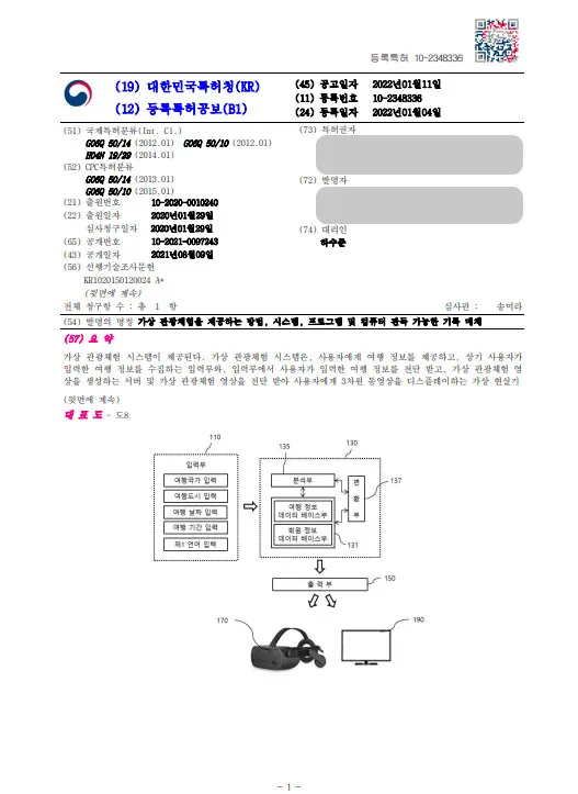 [하앤유 특허 등록 성공사례] ”가상 관광체험을 제공하는 방법” 특허권 등록 VR, AR, 여행, 해외, 블록체인, 클라우드서버, 네트워크 특허 출원 등록증 썸네일
