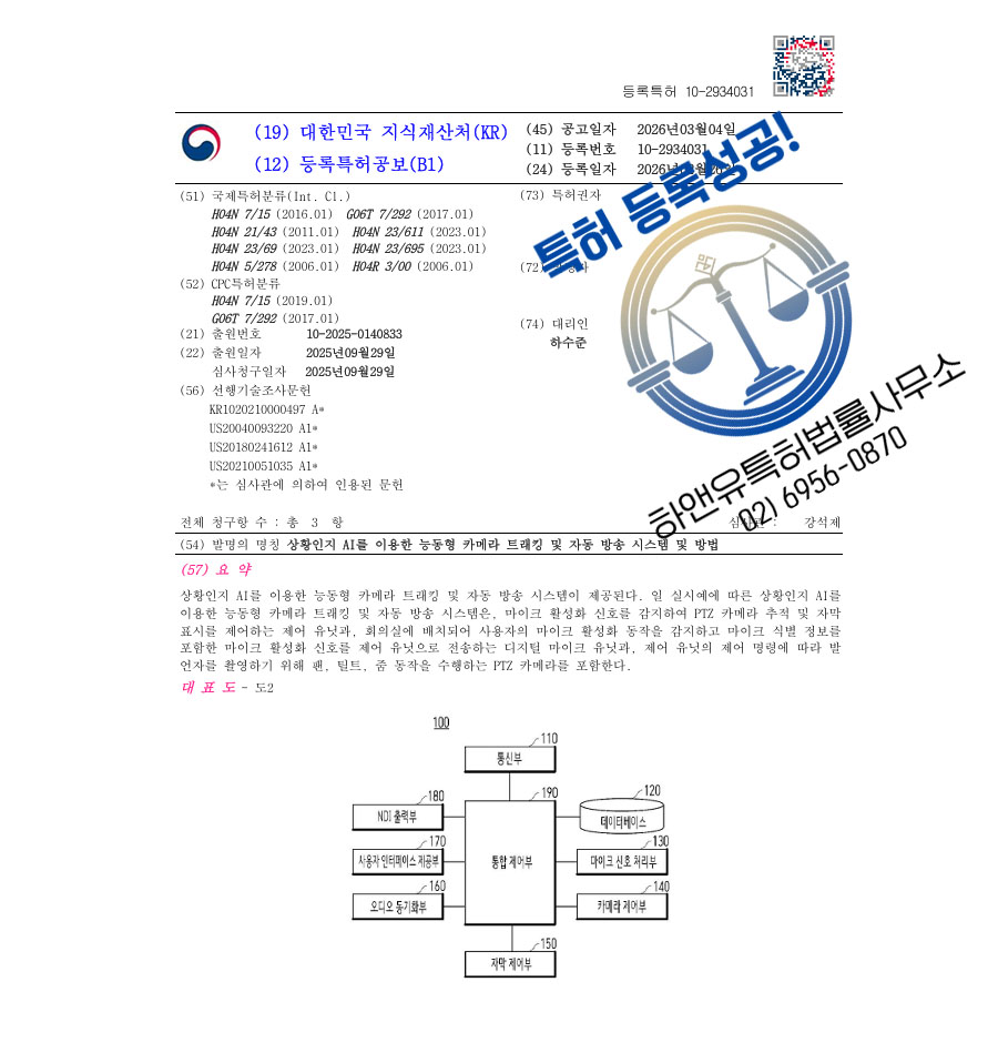 하앤유 특허 등록 성공사례 II ”상황인지 AI를 이용한 능동형 카메라 트래킹 및 자동 방송 시스템 및 방법” 특허권 등록 PTZ, 스트리밍, 서버리스 특허 출원 등록증 썸네일