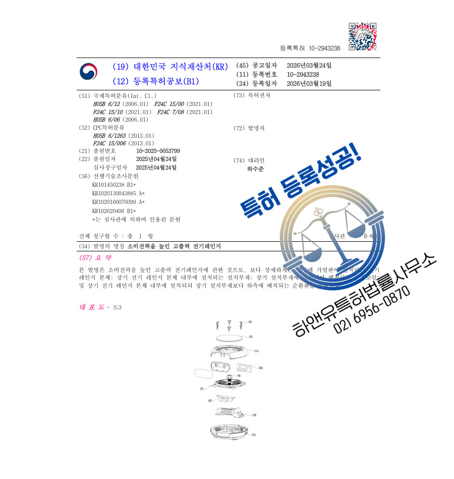 하앤유 특허 등록 성공사례 II ”소비전력을 높인 고출력 전기레인지” 특허권 등록 주방용품, 조리, 기구, 장치, 인덕션, 오븐 특허 실용신안 출원 등록증 썸네일