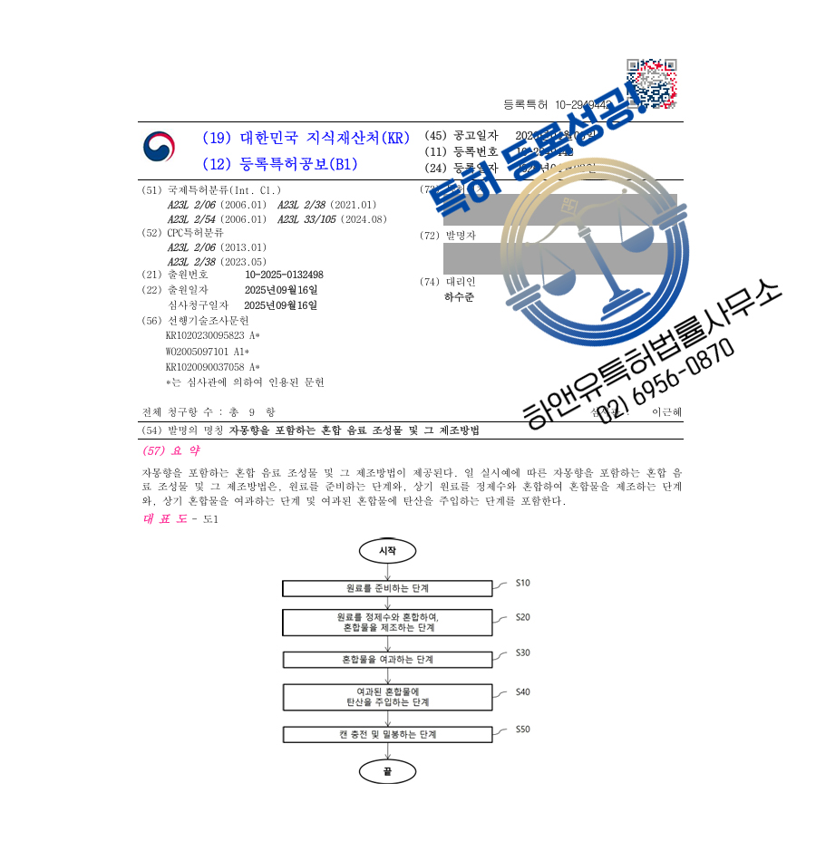 하앤유 특허 등록 성공사례 II ”자몽향을 포함하는 혼합 음료 조성물 및 그 제조방법” 특허권 등록 기능성음료, 탄산수, 피트니스 식품, 미네랄 음료, 커피 음료 특허 실용신안 출원 등록증 썸네일