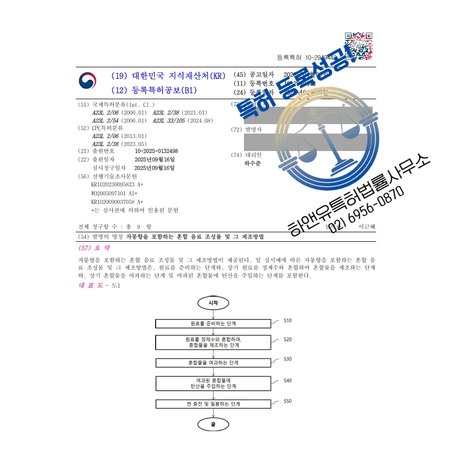 하앤유 특허 등록 성공사례 II ”자몽향을 포함하는 혼합 음료 조성물 및 그 제조방법” 특허권 등록 기능성음료, 탄산수, 피트니스 식품, 미네랄 음료, 커피 음료 특허 실용신안 출원 등록증 썸네일
