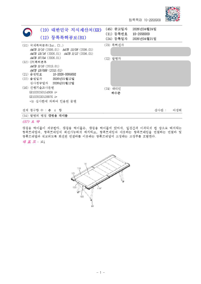 하앤유 특허 등록 성공사례, ”캠핑용 테이블” 특허권 등록 캠핑용품, 캠핑가구, 야외용테이블 특허 실용신안 출원 등록증 썸네일