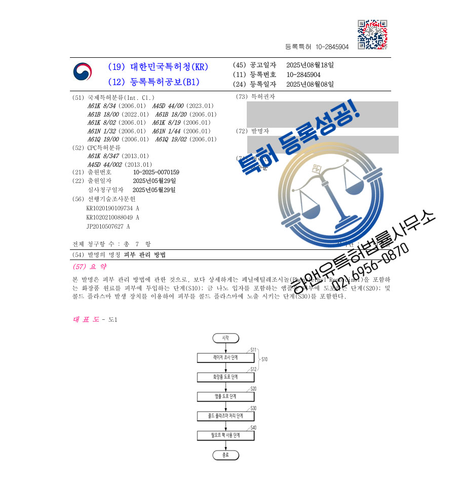 하앤유 특허 등록 성공사례 II ”피부 관리 방법” 특허권 등록 피부, 안티에이징, 노화방지, 필오프팩 특허 출원 등록증 썸네일