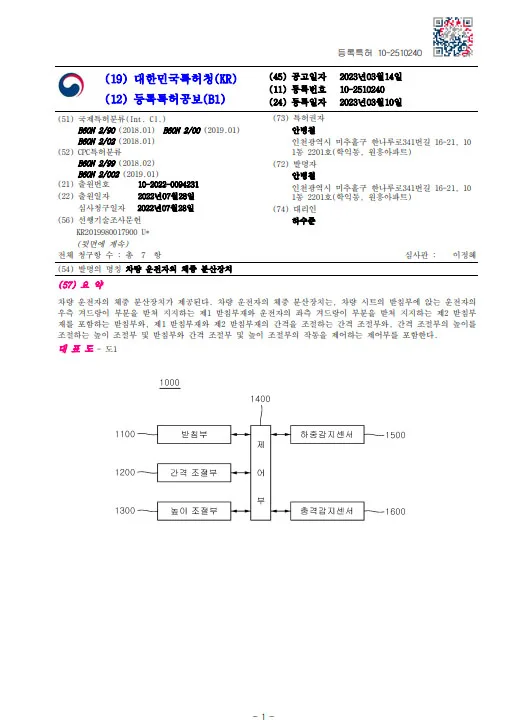 [하앤유 특허등록 성공사례] ”차량 운전자의 체중 분산장치” 특허등록 카시트, 허리교정, 받침대, 자동차옵션, 체중감지시트 특허출원 등록증 썸네일