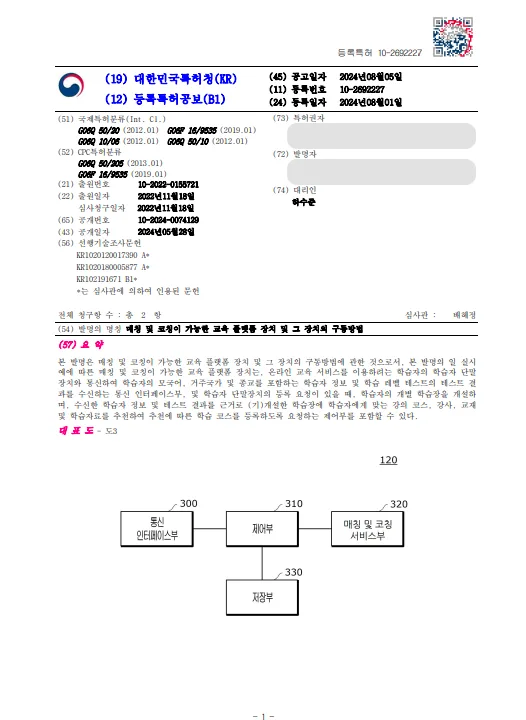 하앤유 특허 등록 성공사례 II ”매칭 및 코칭 교육 플랫폼” 특허권 등록 온라인 강의, 온라인 교육, 어플, 맞춤 학습, 토익 어플 특허 출원 등록증 썸네일