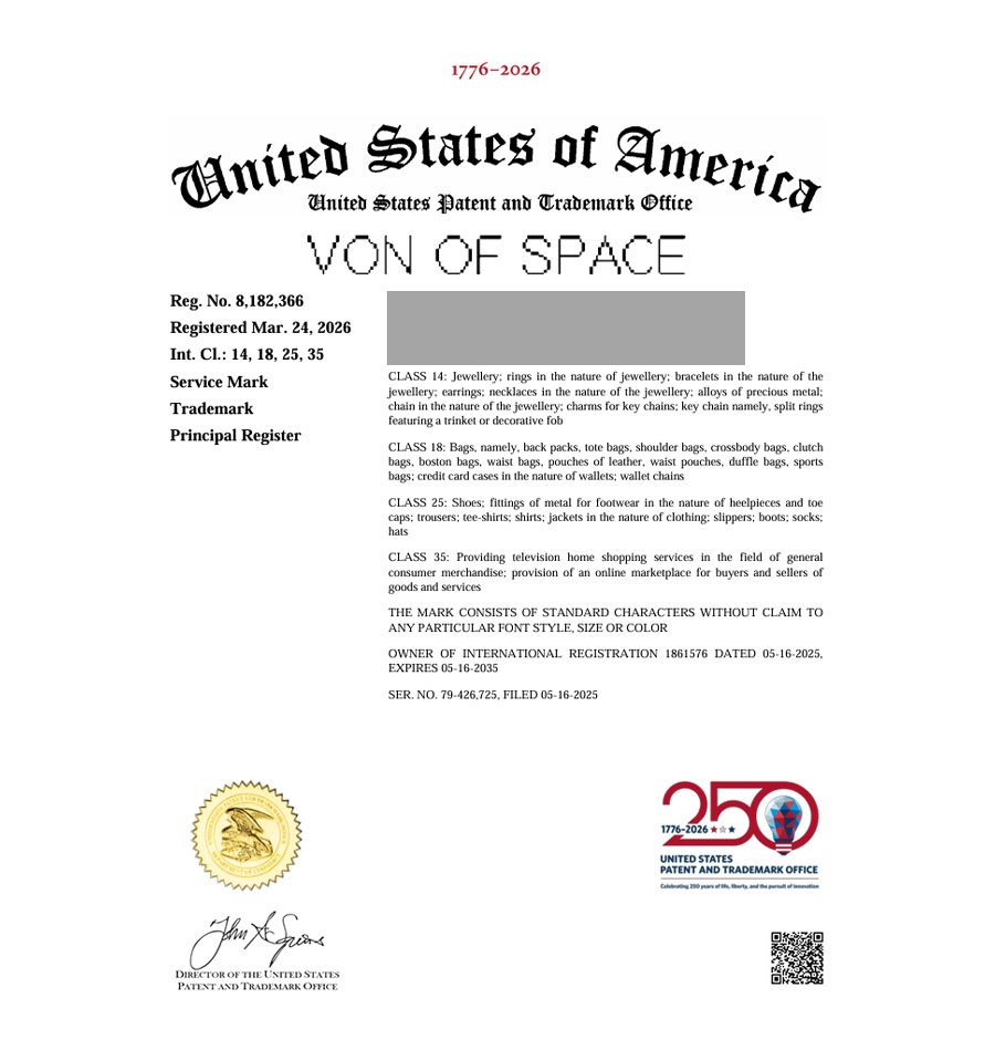 하앤유 해외등록성공! 미국 상표 ”VON OF SPACE” 상표권 출원 아메리카, 아마존, 패션, 주얼리, 미국 진출 절차, 심사, 방법, 상표 특허 등록 등록증 썸네일