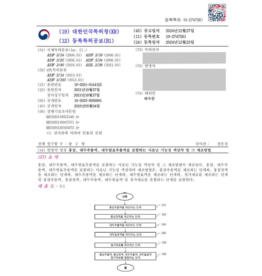하앤유 특허 등록 성공사례 II ”홍삼, 대두추출액, 대두발효추출액을 포함하는 사포닌 기능성 액상차 및 그 제조방법” 특허권 등록 레시피, 추출물, 건강차, 티백, 농축액 특허 출원 등록증 썸네일
