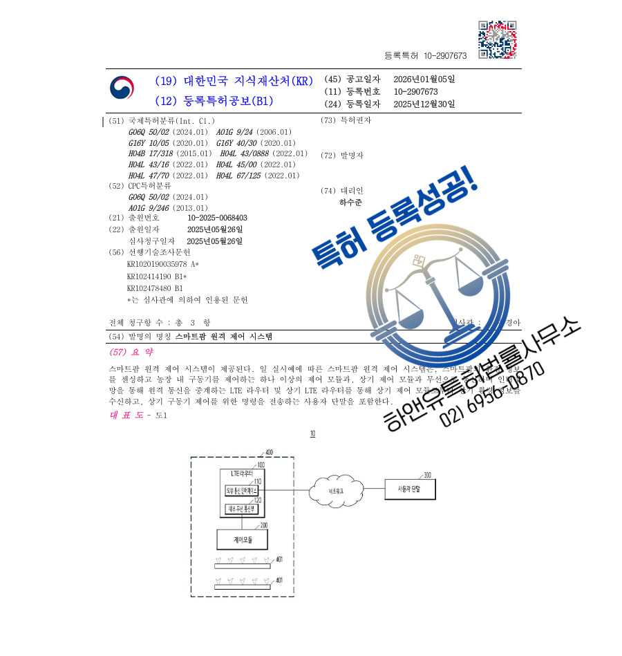 하앤유 특허 등록 성공사례 II ”스마트팜 원격 제어 시스템” 특허권 등록 식물공장, 농업자동화, 아쿠아포닉스 특허 출원 등록증 썸네일