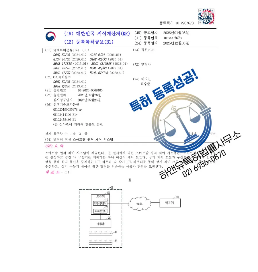 하앤유 특허 등록 성공사례 II ”스마트팜 원격 제어 시스템” 특허권 등록 식물공장, 농업자동화, 아쿠아포닉스 특허 출원 등록증 썸네일
