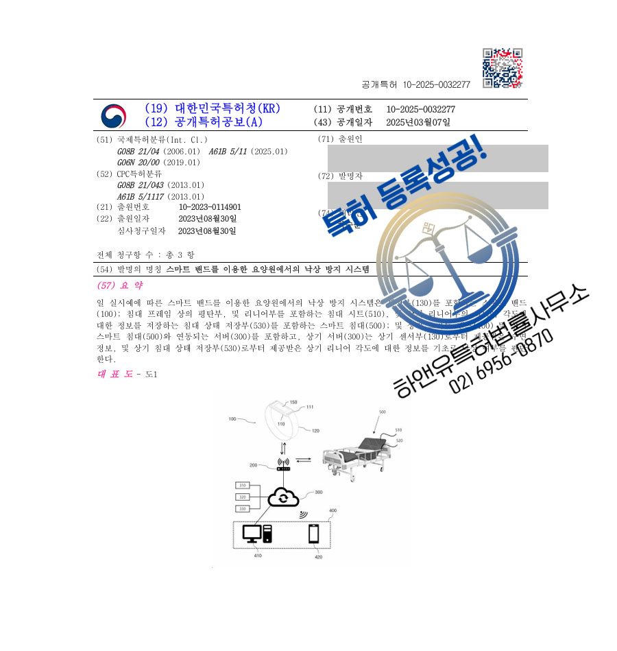 하앤유 특허 등록 성공사례 II ”스마트 밴드를 이용한 요양원에서의 낙상 방지 시스템” 특허권 등록 안전용품, 낙상방지 지지대 특허 출원 등록증 썸네일