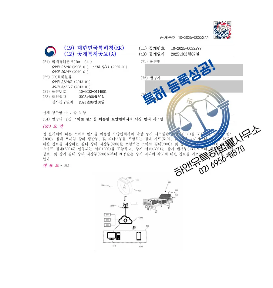 하앤유 특허 등록 성공사례 II ”스마트 밴드를 이용한 요양원에서의 낙상 방지 시스템” 특허권 등록 안전용품, 낙상방지 지지대 특허 출원 등록증 썸네일