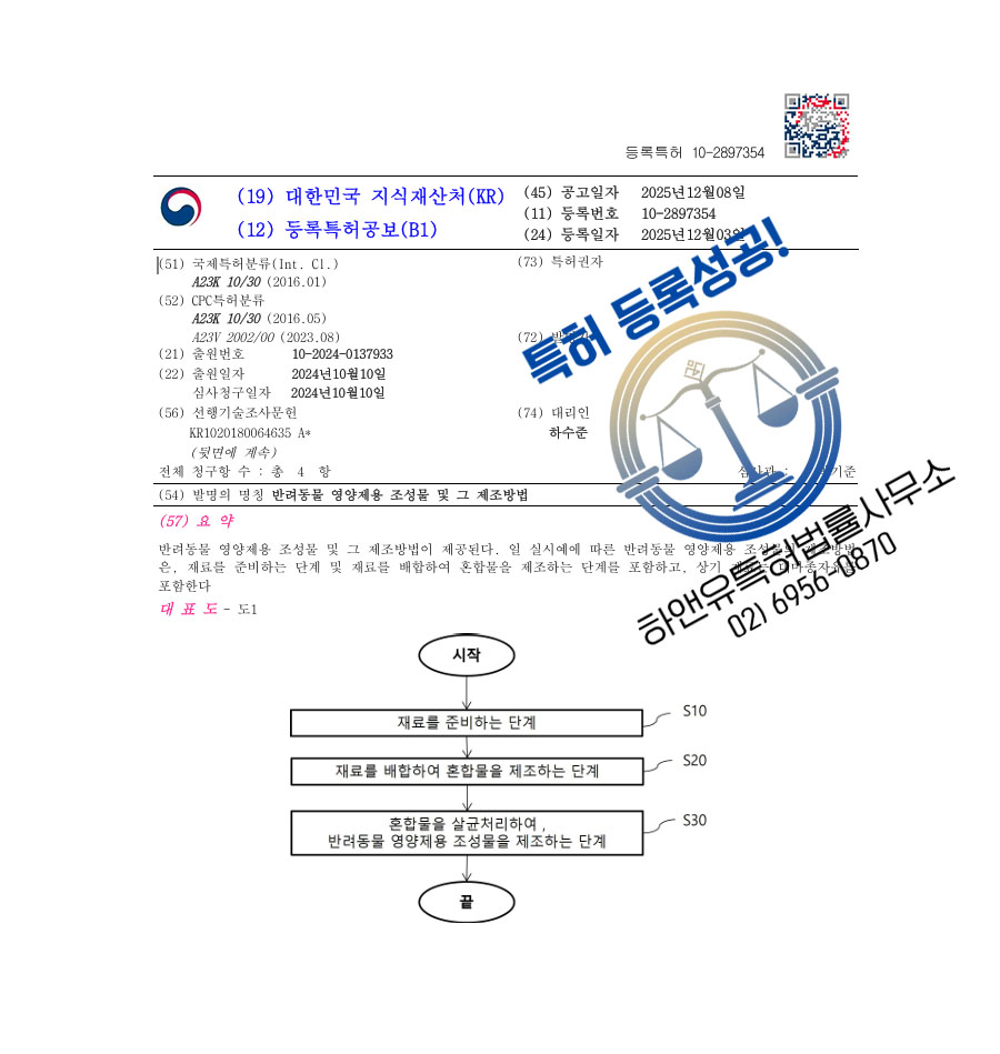 하앤유 특허 등록 성공사례 II ”반려동물 영양제용 조성물 및 그 제조방법” 특허권 등록 애완동물 식품, 반려동물 간식, 한약 특허 출원 등록증 썸네일
