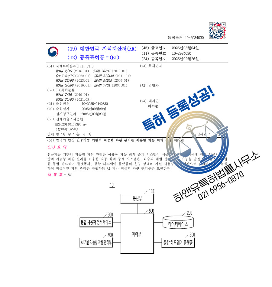하앤유 특허 등록 성공사례 II ”인공지능 기반의 지능형 자원 관리를 이용한 자동 회의 중계 시스템” 특허권 등록 AI방송, AI회의, 영상중계, 스트리밍 특허 실용신안 출원 등록증 썸네일