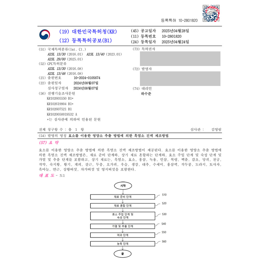 하앤유 특허 등록 성공사례 I ”효소를 이용한 영양소 추출 방법에 의한 흑염소 진액 제조방법” 특허권 등록 건강, 기능, 식품, 추출, 한방, 한약, 보약, 약재 특허 출원 등록증 썸네일