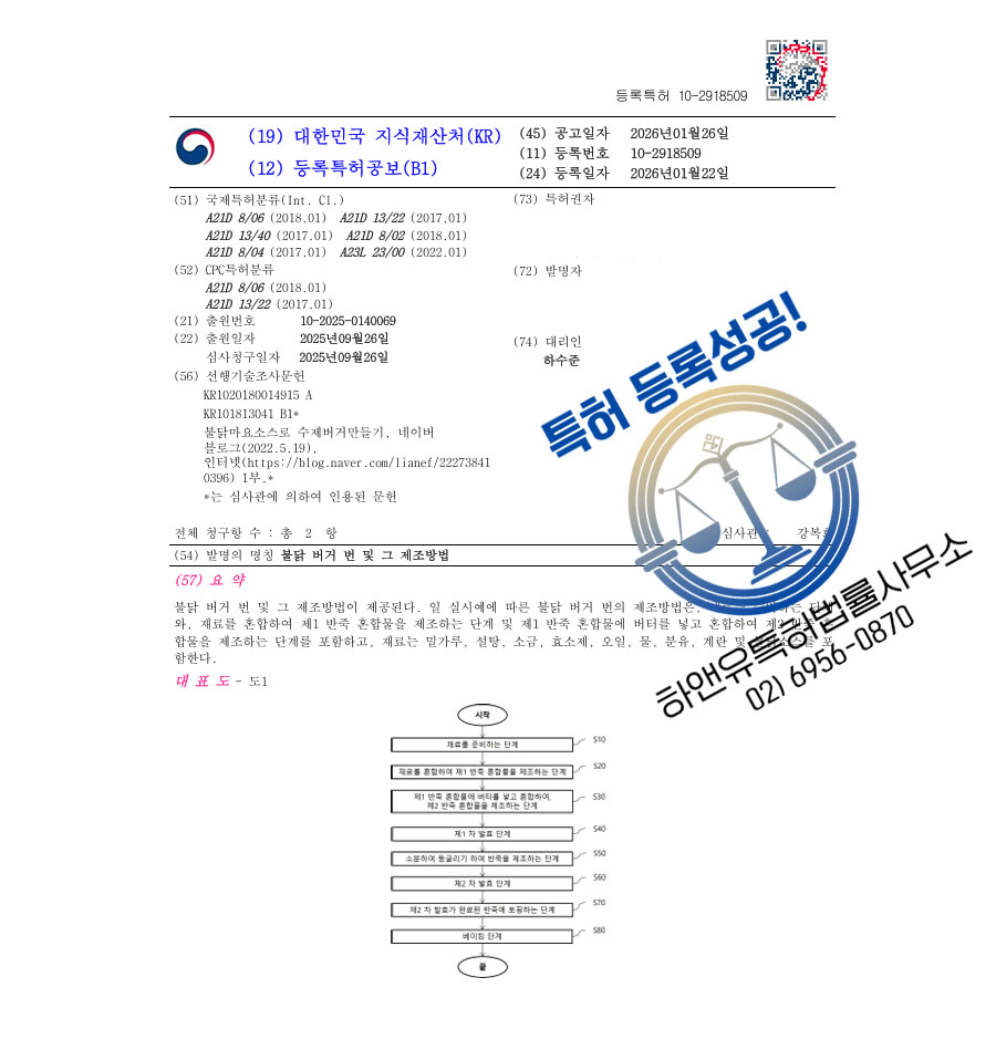 하앤유 특허 등록 성공사례 II ”불닭 버거 번 및 그 제조방법” 특허권 등록 부산특허, 햄버거빵, 샌드위치 특허 출원 등록증 썸네일