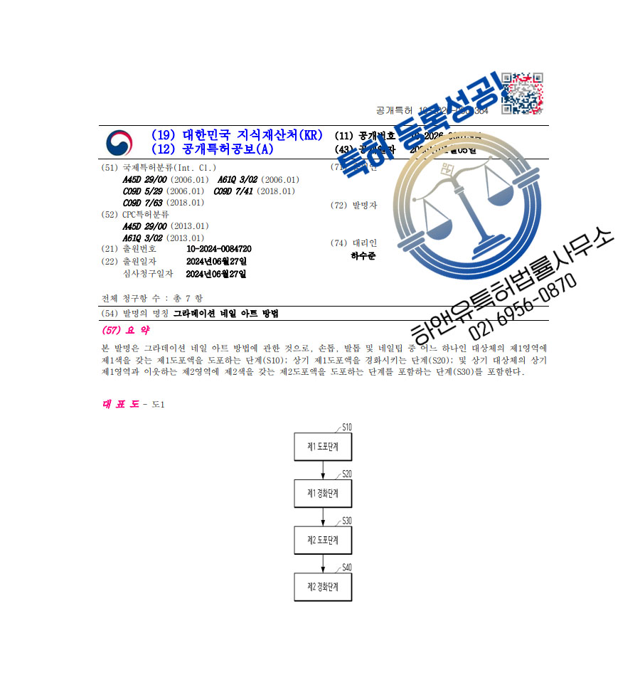 하앤유 특허 등록 성공사례 II ”그라데이션 네일 아트 방법” 특허권 등록 화장법, 손톱장식, 젤네일 특허 출원 등록증 썸네일