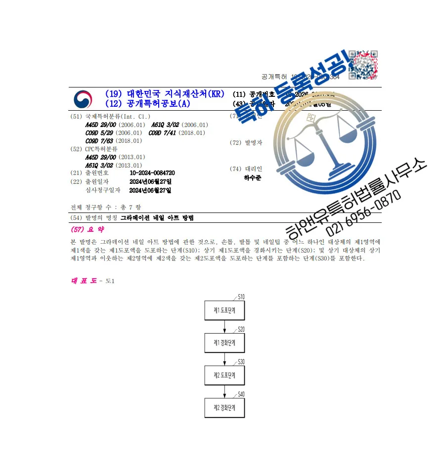 하앤유 특허 등록 성공사례 II ”그라데이션 네일 아트 방법” 특허권 등록 화장법, 손톱장식, 젤네일 특허 출원 등록증 썸네일