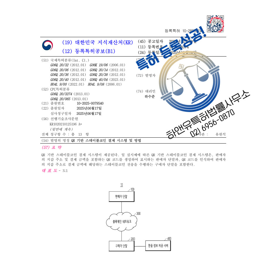 하앤유 특허 등록 성공사례 II ”QR 기반 스테이블코인 결제 시스템 및 방법” 특허권 등록 탈중앙, 래핑, 전자지갑 특허 출원 등록증 썸네일