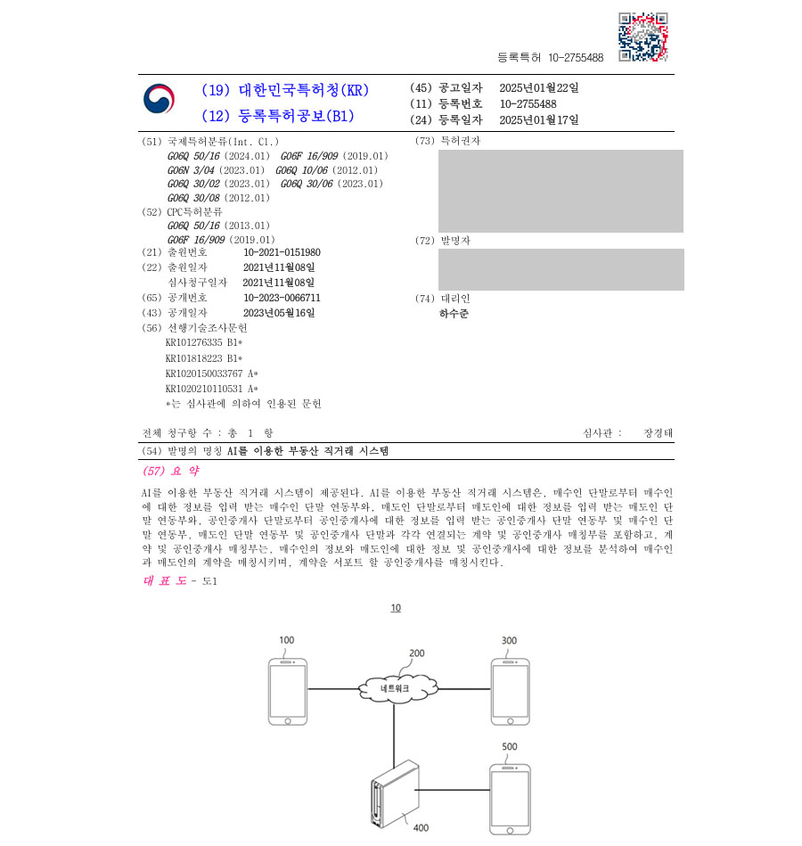 하앤유 특허 등록 성공사례 II ”AI를 이용한 부동산 직거래 시스템” 특허권 등록 부동산, 중개, 시세, 매물, 매수, 분양, 허위매물, 인공지능, 대출, 거래, 매매, 계약 특허 출원 등록증 썸네일