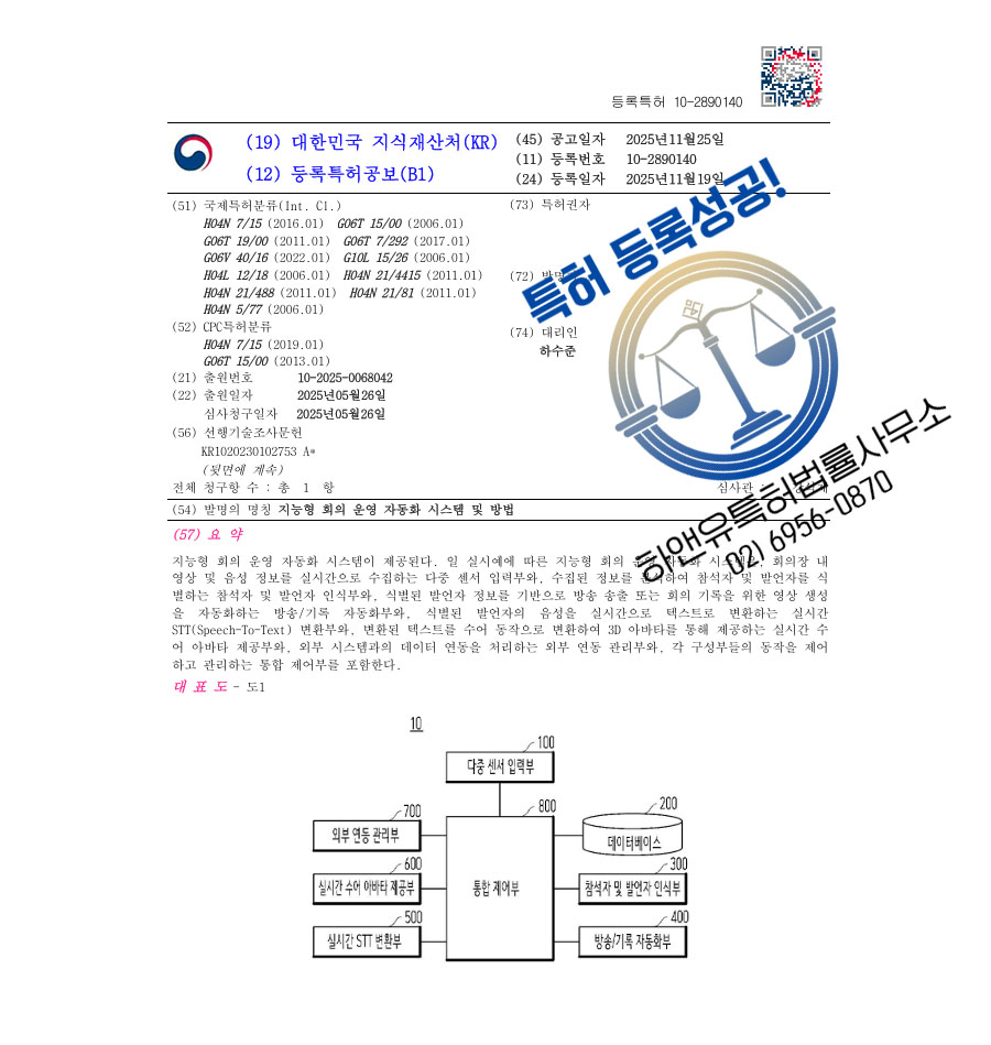 하앤유 특허 등록 성공사례 II ”지능형 회의 운영 자동화 시스템 및 방법” 특허권 등록 STT, NLP, 광명 특허 출원 등록증 썸네일