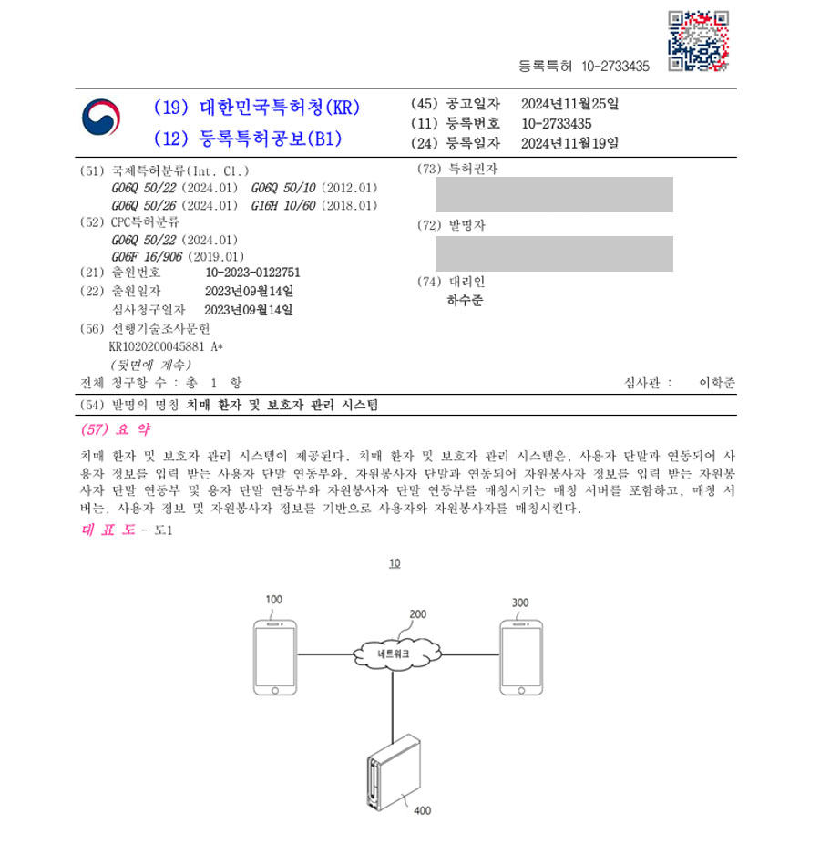 하앤유 특허 등록 성공사례 II ”치매 환자 및 보호자 관리 시스템” 특허권 등록 병원, 데이터, 진료, 진단, 매칭 특허 출원 등록증 썸네일