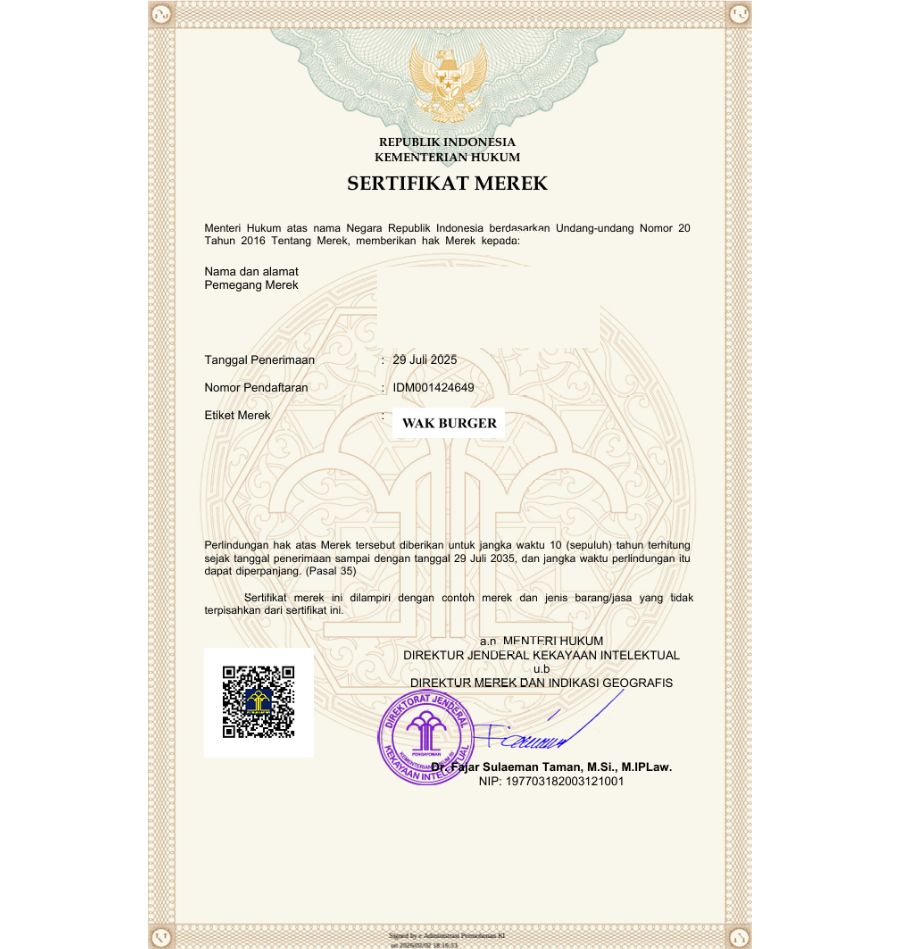 하앤유 해외등록성공! 인도네시아 상표 ”WAK BURGER” 상표권 출원 햄버거브랜드, 할랄시장, 인니상표 절차, 심사, 방법, 상표 특허 등록 등록사례 썸네일