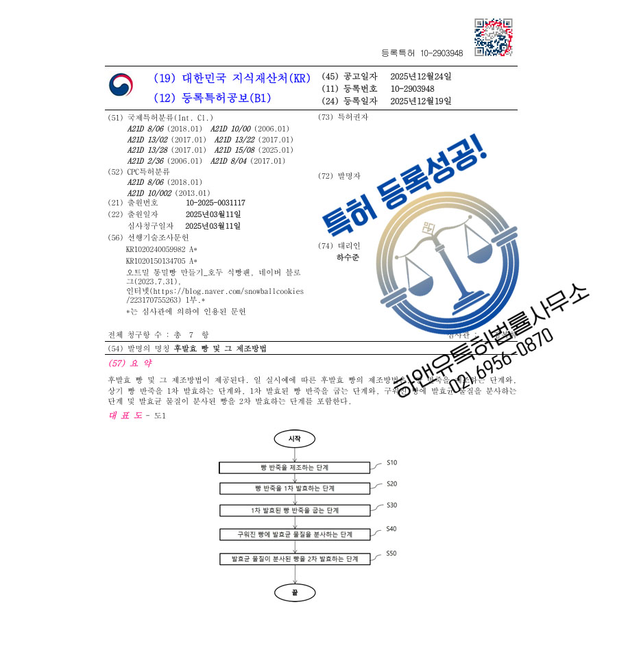 하앤유 특허 등록 성공사례 II ”후발효 빵 및 그 제조방법” 특허권 등록 식품, 레시피, 음식, 호밀빵 특허 출원 등록증 썸네일