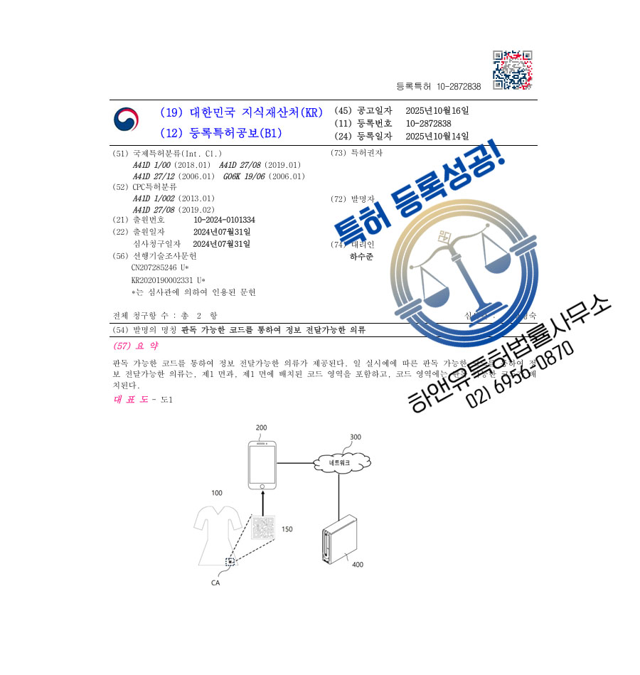 하앤유 특허 등록 성공사례 II ”판독 가능한 코드를 통하여 정보 전달가능한 의류” 특허권 등록 스마트의류, QR코드, GPS 특허 출원 등록증 썸네일