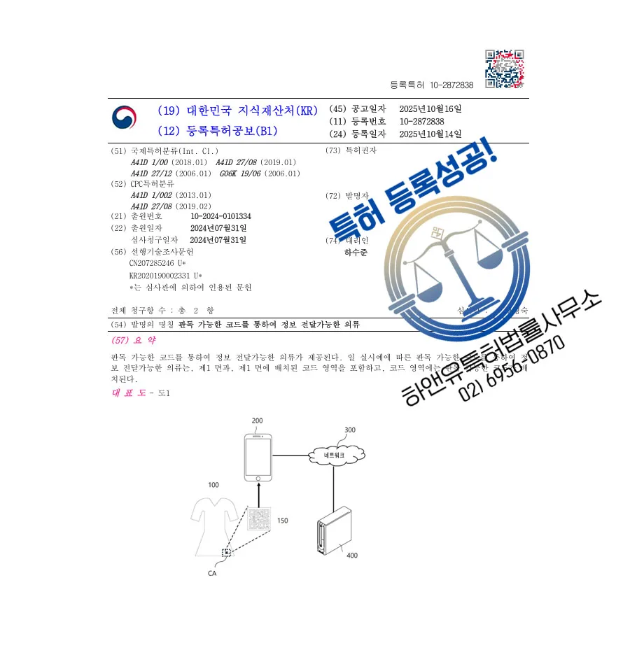 하앤유 특허 등록 성공사례 II ”판독 가능한 코드를 통하여 정보 전달가능한 의류” 특허권 등록 스마트의류, QR코드, GPS 특허 출원 등록증 썸네일