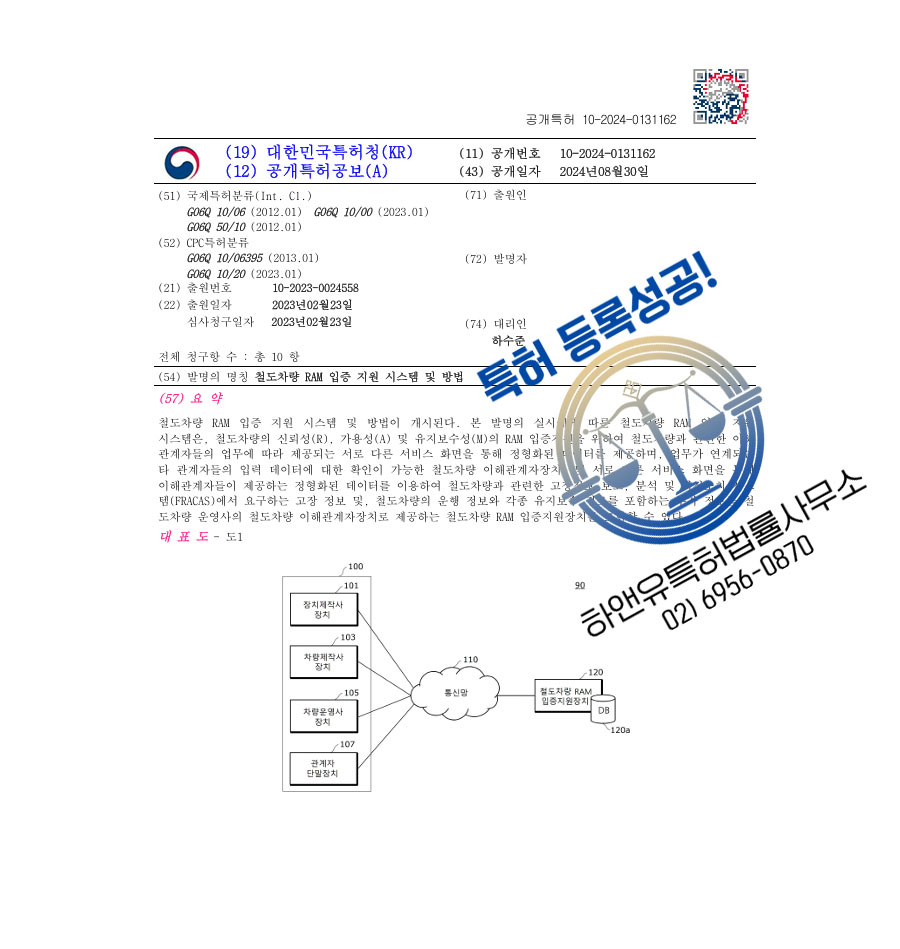 하앤유 특허 등록 성공사례 II ”철도차량 RAM 입증 지원 시스템 및 방법” 특허권 등록 스마트 철도, 교통 데이터, BIM 특허 출원 등록증 썸네일