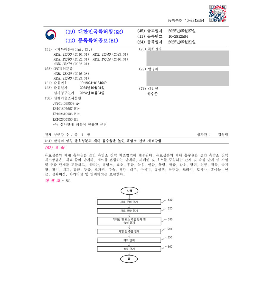 하앤유 특허 등록 성공사례 II ”유효성분의 체내 흡수율을 높인 흑염소 진액 제조방법” 특허권 등록 한약, 건강, 식품, 추출, 농축, 흑염소, 발효, 효소 특허 출원 등록증 썸네일